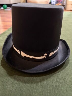 Black Satin Top Hat Skeleton Bone Ribbon Costume Halloween Magician Steampunk